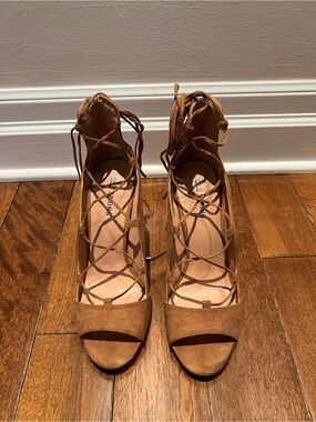 Call it Spring Lace-Up Suede Peep Toe Heels in Tan